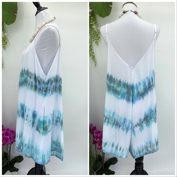 Kau wela Summer Mini Romper Beach Boho Romper Gypsy Overall Wide Leg  Blue/Green - Picture 10 of 16